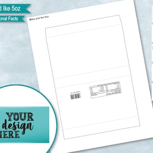 May include: A white paper template with the text "Mike and Ike 5oz With Nutritional Facts". A teal banner reads "YOUR design HERE". Icons for Word, Photoshop, PNG, SVG, and DXF files are visible.