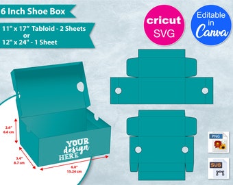6 Inch Shoe Box Blank Template, 6" Sneaker Box No Glue, 11"x 17" Sheet, DIY Favor Box, Custom Gift Box, Cricut SVG Cut File, Canva SVG, Png