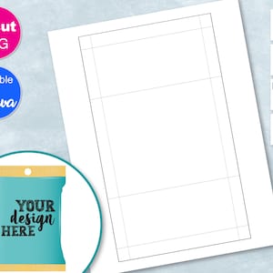 May include: A printable template for a snack bag or food packaging design. The template has a blank area for adding a design and a dotted line for folding. The text "YOUR design HERE" is on a blue and yellow snack bag.