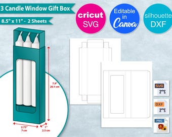 Plantilla para ventana de caja de regalo con vela de 2,75", hoja de 8,5 x 11", caja de vela de 7 cm, caja de regalo DIY para fiestas, Canva, Cricut, Silhouette, archivo de corte SVG, PNG
