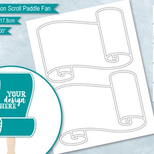 May include: A printable template for a graduation scroll paddle fan. The template is 5 inches by 7 inches and features a scroll design with the text "YOUR design HERE".