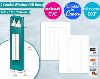 Plantilla de ventana para caja de regalo con vela de 4,6 cm, hoja de 21,5 x 28 cm, caja de vela de 4,6 cm, caja de regalo DIY, recuerdo de fiesta, Canva, Cricut, silueta, archivo de corte SVG, PNG