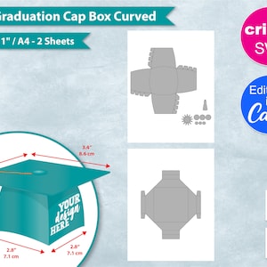 Puede incluir: Una plantilla imprimible para una caja con forma de gorro de graduación. La plantilla está diseñada para ser recortada y ensamblada en una caja de 7,1 cm. La plantilla incluye un diseño de gorro de graduación con el texto "YOUR design HERE" y una plantilla separada para la caja en sí. La plantilla está diseñada para ser utilizada con Cricut y Canva.