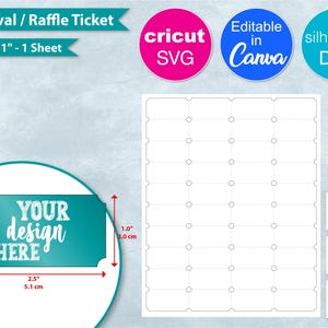 Può includere: Un foglio di biglietti della lotteria di carnevale con un'area di design turchese che dice "YOUR design HERE". Il foglio misura 21,6 cm x 27,9 cm e include i formati di file SVG, DXF e PNG. L'area di design è larga 5,1 cm e alta 2,0 cm.