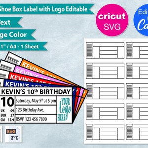 May include: Printable 8.5 x 11 inch shoebox labels with editable text and color. The labels feature a birthday party theme with the text "Kevin's 10th Birthday" and space for a logo. The labels are designed for use with Cricut and Canva.