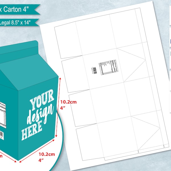 4" Milk Carton Gift Box Template with Nutritional Fact, 8.5"x14" Sheet, 10 cm Milk Box, DIY Treat Box, Cricut, Sublimation Cut File SVG