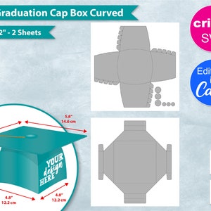 May include: A printable template for a graduation cap-shaped box. The template is designed to be cut out and assembled into a 4.8-inch tall box. The template includes measurements in inches and centimeters. The template is designed to be used with a Cricut cutting machine.