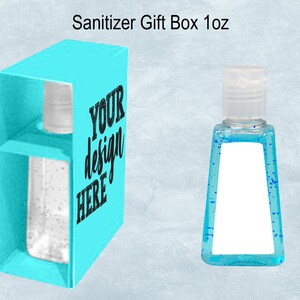 May include: A turquoise blue gift box with a clear plastic bottle of hand sanitizer inside. The box has the text "YOUR design HERE" printed on the side. A separate clear plastic bottle of hand sanitizer with a turquoise blue liquid is also shown. The bottle has a white label with a blank space for text.