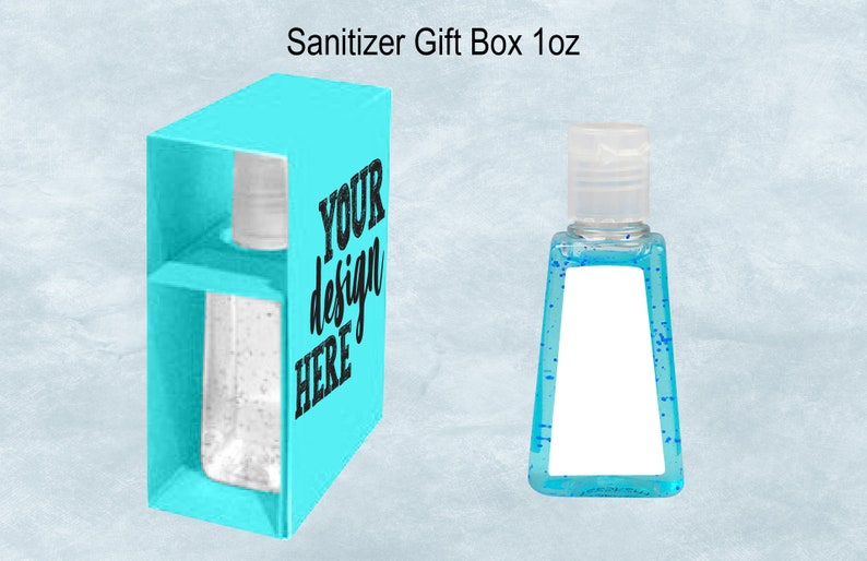 May include: A turquoise blue gift box with a clear plastic bottle of hand sanitizer inside. The box has the text "YOUR design HERE" printed on the side. A separate clear plastic bottle of hand sanitizer with a turquoise blue liquid is also shown. The bottle has a white label with a blank space for text.