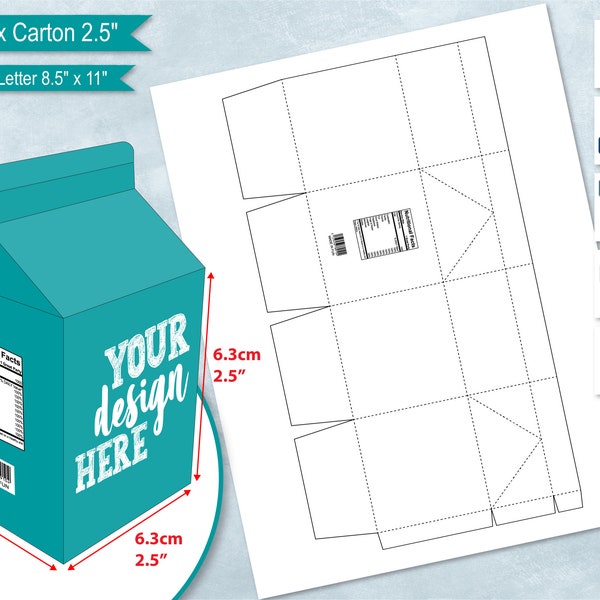 Plantilla de caja de regalo de cartón de leche de 2.5 "con hecho nutricional, hoja de 8.5 "x11", caja de leche de 6.3 cm, caja de tratamiento de bricolaje, cricut, archivo de corte de sublimación SVG