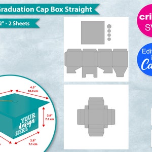 Puede incluir: Una plantilla imprimible para una caja con forma de gorro de graduación. La plantilla está diseñada para ser recortada y ensamblada en una caja de 7,1 cm de altura. La plantilla incluye un diseño de gorro de graduación con el texto "YOUR design HERE". La plantilla está diseñada para ser utilizada con una máquina de corte Cricut.