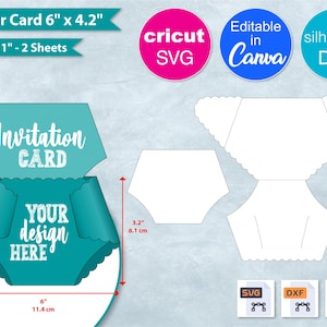 May include: A teal diaper-shaped invitation card design with the text "Invitation Card" and "Your Design Here". The card measures 6 inches (15.2 cm) wide and 4.2 inches (10.7 cm) high. Includes SVG, Canva, and DXF file formats.
