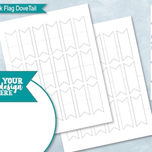 May include: Printable template for making toothpick flags. The template features 24 dovetail flags with a dotted line for folding. The text "YOUR design HERE" is on a teal flag.