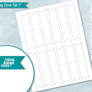 Puede incluir: Una hoja de papel blanco con múltiples contornos de banderas de cola de milano, listas para cortar. Una bandera turquesa con el texto "YOUR design HERE" está unida a una pajita a rayas rojas y blancas. Iconos de tipo de archivo.