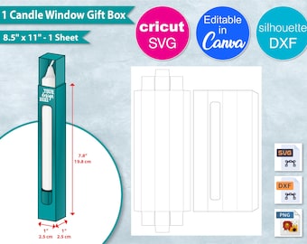 Plantilla para ventana de caja de regalo con vela de 2,5 cm, lámina de 21,5 x 28 cm, caja de vela de 2,5 cm, caja de regalo DIY, recuerdo de fiesta, Canva, Cricut, silueta, archivo de corte SVG, PNG