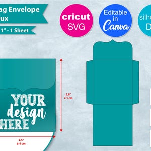 Könnte beinhalten: Eine türkisblaue Teebeutel-Envelope-Vorlage mit dem Text "YOUR design HERE" in Weiß. Die Envelope ist 8,5 Zoll mal 11 Zoll groß und zum Ausschneiden und Falten gedacht. Die Vorlage ist in den Formaten SVG, DXF und PNG verfügbar.