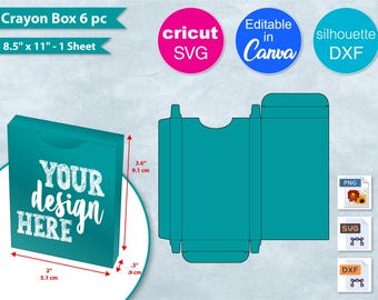 6 Crayon Treat Box Template, 8.5"x11" Sheet, Fits 6 Crayons, Custom Crayon Favor Gift Box, Cricut SVG, Silhouette DXF, Canva, Png, Printable