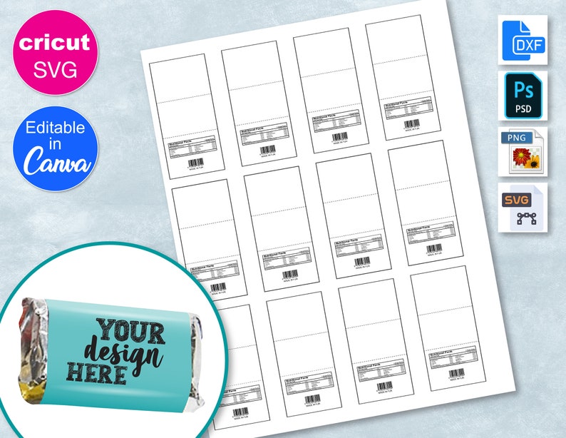 May include: Printable template for candy bar wrappers. The template has a blank space for a design and a section for nutritional information. The template is designed to be edited in Canva.