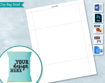 May include: A printable template for a small chip bag. The template is divided into sections with dotted lines for folding and gluing. The template is labelled "Chip Bag Small" and "Glue Here".