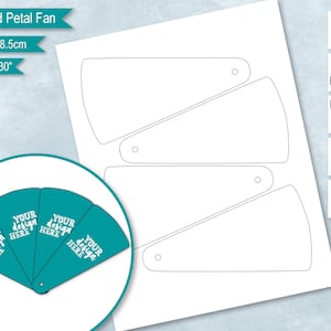 May include: A printable template for a diamond petal fan. The template includes four diamond-shaped petals with a hole at the top of each petal. The template is 9.5 cm by 18.5 cm or 3.75 inches by 7.30 inches.