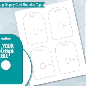 Op de afbeelding: Vier blanco telefoon grip displaykaarten met afgeronde toppen. De kaarten zijn wit met zwarte contouren en een gat in het midden. De kaarten zijn ontworpen om telefoon grips te presenteren.