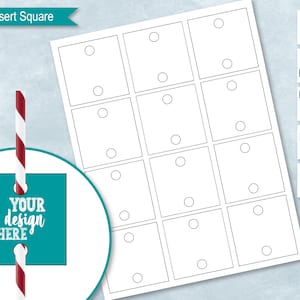 Puede incluir: Plantilla imprimible con 12 etiquetas cuadradas, cada una con un agujero para una pajita. Las etiquetas están diseñadas para agregar un toque personalizado a las bebidas. El texto "YOUR design HERE" está en una etiqueta turquesa.