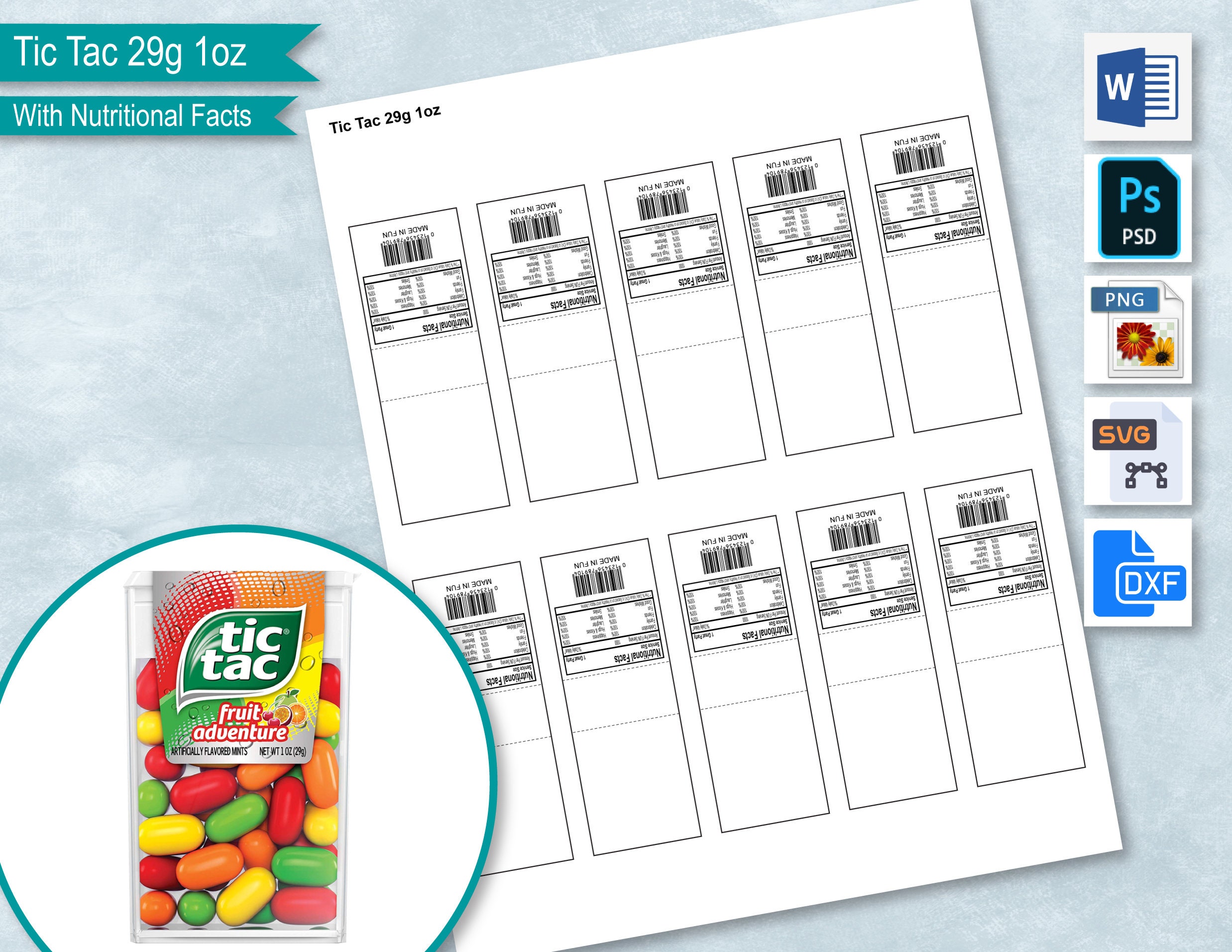 Tic Tac 1oz 29g Blank Wrapper Template with Nutritional Facts | Etsy