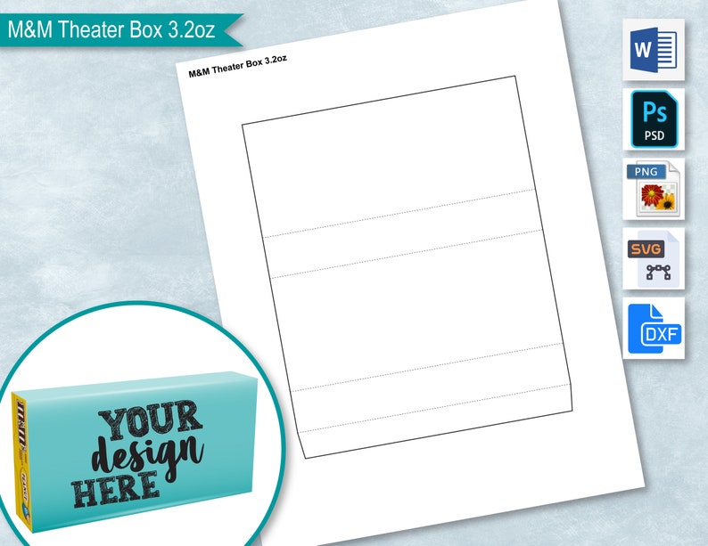 May include: A printable template for a 3.2 ounce M&M's candy box. The template is a white sheet of paper with a black outline of the box. The box has a flap on the top and a fold on the bottom. The template is labeled "M&M Theater Box 3.2oz".