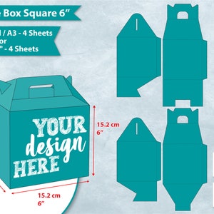6&quot; Square Gable Box Template, 6 Inch Gable Gift Box Template, Party Favor Box, SVG forCricut, Sublimation Cut File SVG, PNG