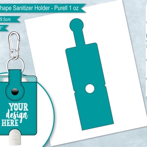 May include: A teal blue circle-shaped keychain holder for a 1 ounce hand sanitizer bottle. The holder has a snap closure and a key ring. The text "YOUR design HERE" is printed on the front of the holder.