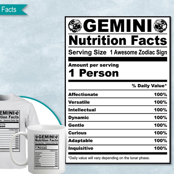Gemini Zodiac Nutrition Facts, SVG Nutritional Fact Label Template, Printable DIY, Eps, PNG, SvG, DxF, Cricut, Silhouette