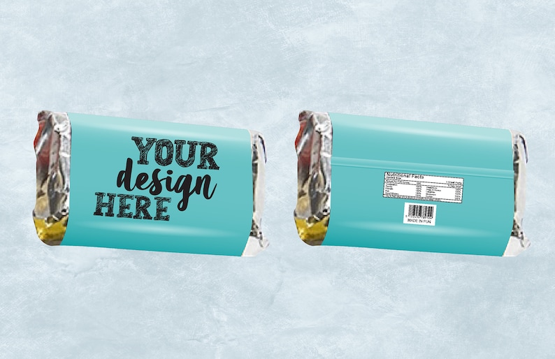 May include: A turquoise blue candy bar wrapper with the text "YOUR design HERE" printed on it. The back of the wrapper shows nutritional information and a barcode.