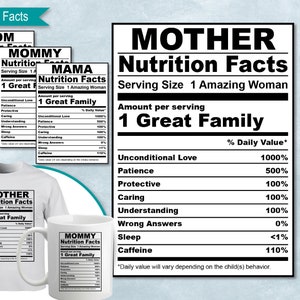 Madre, mamá, mamá, información nutricional de mamá, plantilla de etiqueta de datos nutricionales SVG, imprimible, bricolaje, Eps, PNG, SvG, DxF, Cricut, Silhouette