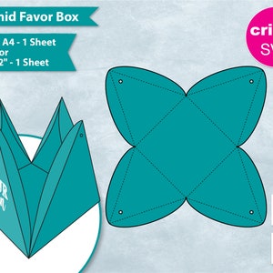 Puede incluir: Un diseño de caja de regalo piramidal turquesa con el texto "YOUR design HERE" y el texto "Pyramid Favor Box". El diseño está disponible para Letter/A4-1 hoja o 30,5 cm x 30,5 cm - 1 hoja. Incluye un archivo SVG de Cricut.