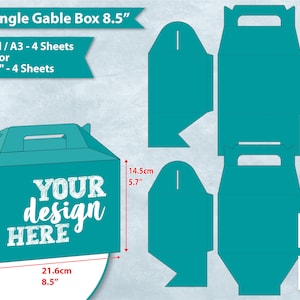 May include: A teal blue gable box template for a 8.5 inch box. The template includes a handle and a fold line for the top flap. The template is labeled with measurements in inches and centimeters. The text "YOUR design HERE" is printed on the front of the box.