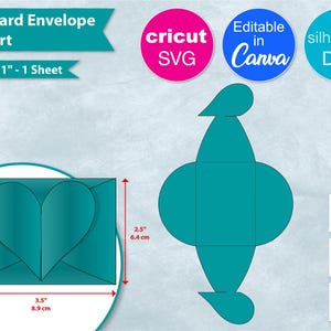 May include: A teal gift card envelope design with a heart cutout, measuring 3.5 inches wide and 2.5 inches high. The design includes the text "Gift Card Envelope 1 Heart" and is compatible with Cricut, Canva, and Silhouette software.