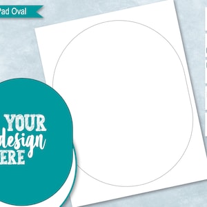 May include: A white oval template for a mouse pad with the text "YOUR design HERE" on a teal circle in the bottom left corner. The template is surrounded by a light blue background with icons for various file formats.