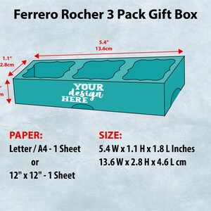 May include: A turquoise blue gift box with three compartments for holding Ferrero Rocher chocolates. The box is 13.7 cm wide, 2.8 cm high, and 4.6 cm long. The box is made from paper and can be customized with a design.