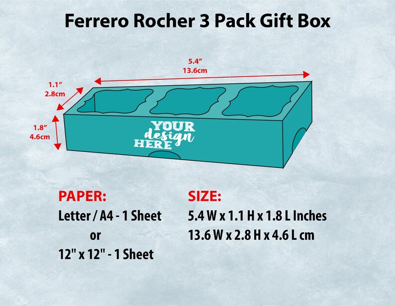 May include: A turquoise blue gift box with three compartments for holding Ferrero Rocher chocolates. The box is 13.7 cm wide, 2.8 cm high, and 4.6 cm long. The box is made from paper and can be customized with a design.