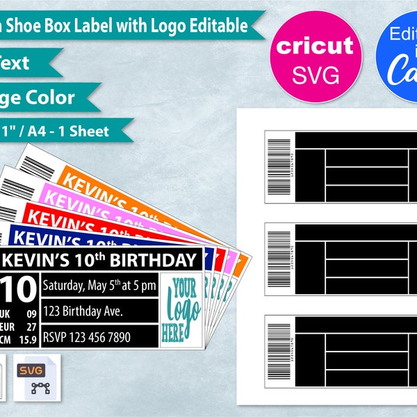 6.5 Inch Blank Shoe Box Label with Logo Template, Editable Color & Text, 6.5" Shoe Box Label, 8.5" x11" Sheet, Printable, SVG, Cricut, Canva