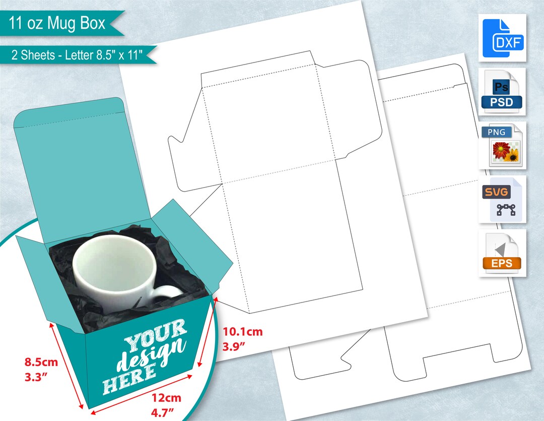 11oz Mug Box Template 8.5x11 Letter Size Sheet, Coffee Mug Gift Box