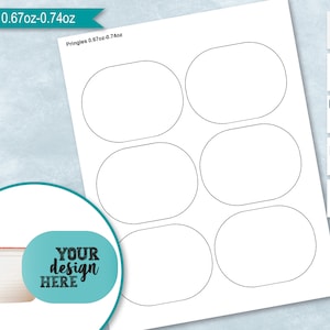 May include: Printable template for Pringles can labels. Six oval-shaped labels are on a white background. The text "Pringles 0.67oz-0.74oz" is at the top of the page. The text "YOUR design HERE" is on a teal circle.