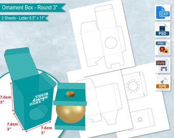 Op de afbeelding: Een printbare sjabloon voor een ronde ornamentendoos van 7,6 cm. De sjabloon is voor een turquoise doos met een rond venster. De sjabloon wordt getoond met een gouden ornament in de doos. De sjabloon is voor 3 vellen papier in letterformaat.