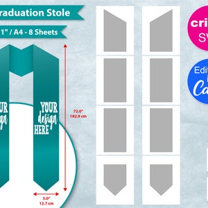 Peut inclure: Un modèle de stole de graduation turquoise avec le texte "YOUR DESIGN HERE" de chaque côté. Le modèle mesure 183 cm de long et 12,7 cm de large. L'image comprend également un logo Cricut SVG et un logo Canva.