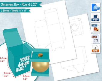 Op de afbeelding: Een printbare sjabloon voor een ronde ornamentendoos van 8,3 cm. De sjabloon bevat een doos met een deksel, een cirkel voor het ornament en een ontwerpgebied met de tekst "YOUR design HERE".