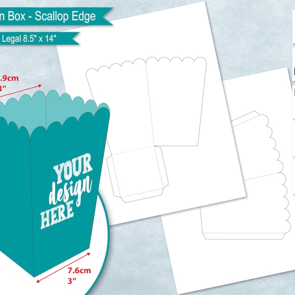 Scallop Edge Popcorn Box Template 8.5"x14" Sheet, Party Snack Foldable Favor Box, DIY, Cricut, Canva, Printable, Sublimation SvG, PsD, PNG