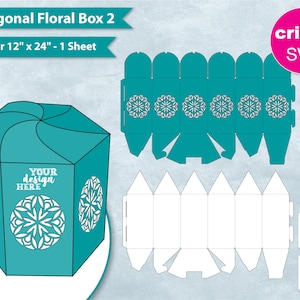 May include: A teal blue hexagonal box with a cut-out floral design. The box is 12 inches by 24 inches and is made for a Cricut machine. The box is shown assembled and disassembled.