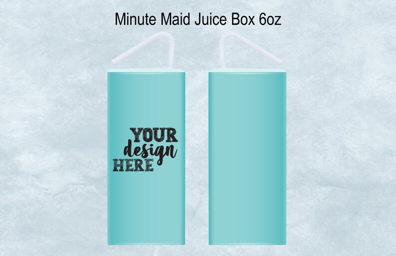 May include: A mockup of a Minute Maid juice carton with a straw. The carton is light blue and has the text "YOUR design HERE" on the front.