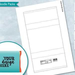 May include: A printable template for instant noodle packs. The template includes a space for a design, a nutrition facts label, and a "Made in Japan" label. The template is available in various file formats, including Word, Photoshop, PNG, SVG, and DXF.
