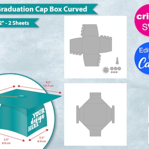 Puede incluir: Una plantilla imprimible para una caja de gorro de graduación de 3,5 pulgadas. La plantilla está diseñada para ser recortada y ensamblada en una caja con forma de gorro de graduación. La plantilla incluye medidas en pulgadas y centímetros. La plantilla está diseñada para ser utilizada con una máquina de corte Cricut.